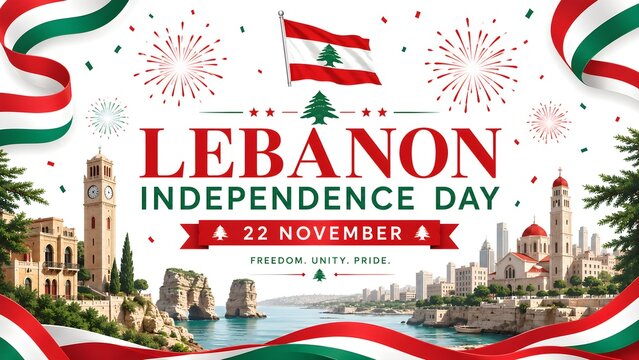 Lebanon Independence Day celebration vector illustration with Beirut city skyline Raouche Pigeon Rocks Al Abed clock tower landmarks Lebanese flags cedar tree and fireworks on white background