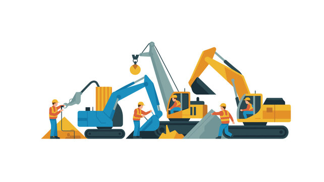 Heavy earthmoving machines including yellow and metallic excavators digging dirt piles on a busy work area in a detailed flat graphic view.