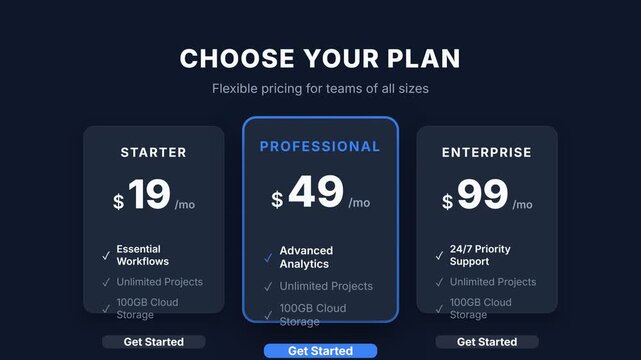 Pricing plan comparison, three-tier subscription model with starter, professional, and enterprise options, flexible pricing for teams of all sizes, symbolizing business, technology, and finance