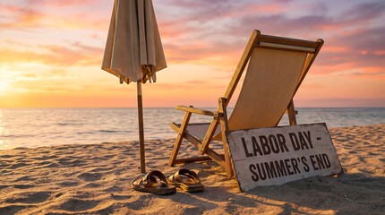 Empty wooden beach chair with umbrella and labor day summer end sign on sandy shore at sunset for seasonal holiday vacation concept and tranquil coastal relaxation scene