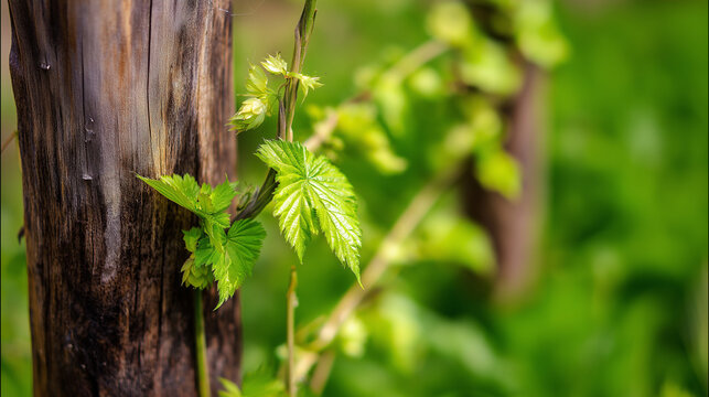 bine. Hops vine with soft stems twining around a weathered wooden stake, green leaves, morning light. gardening catalogs, home-decor guides, designed for home decor and floral branding.
