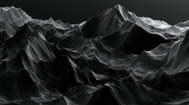 Abstract black monochrome background with 3D low poly mountain waves and dark elegant texture, generative AI