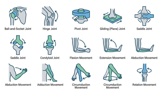 Medical Illustrations of Human Joint Movements and Anatomy.
