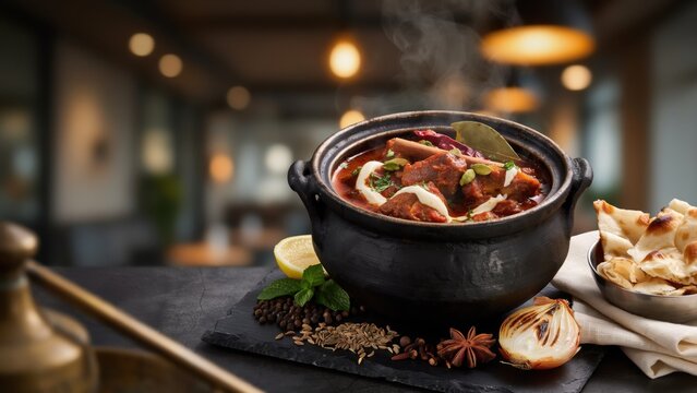 Nihari stew served in a black clay pot sits on a wooden table with fresh naan bread and aromatic Indian spices.