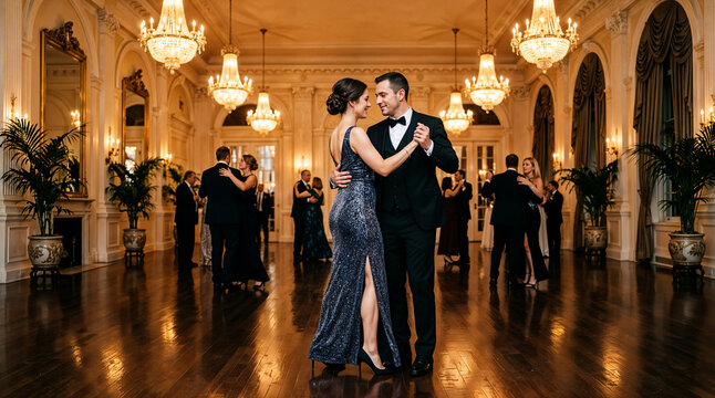 An elegant couple in a sparkling gown and tuxedo waltz across a polished floor in a luxurious ballroom lit by chandeliers, with other formally dressed dancers behind.