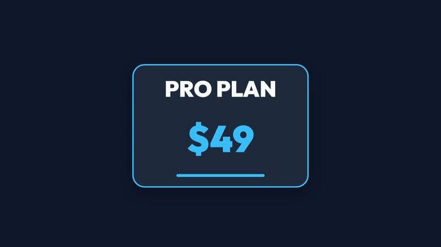 Pricing plan, Pro plan $49, modern subscription box with glowing blue outline, symbolizing affordable premium services, representing business and finance