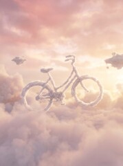 Fototapeta premium Bicycle Shape Formed by White Clouds Floating in Pink Sunset Sky Concept