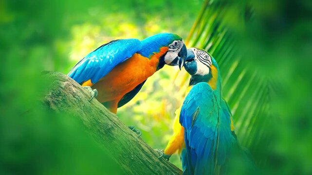 Two colorful macaws perched on tree branch in lush green forest during day.