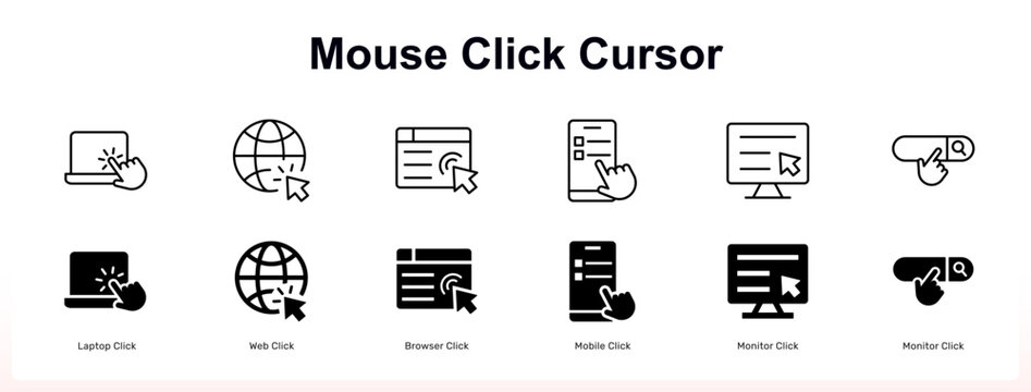 Mouse click cursor web banner icons set. Laptop pointer navigation, internet website browsing, and mobile touchscreen symbol collection. Vector illustration