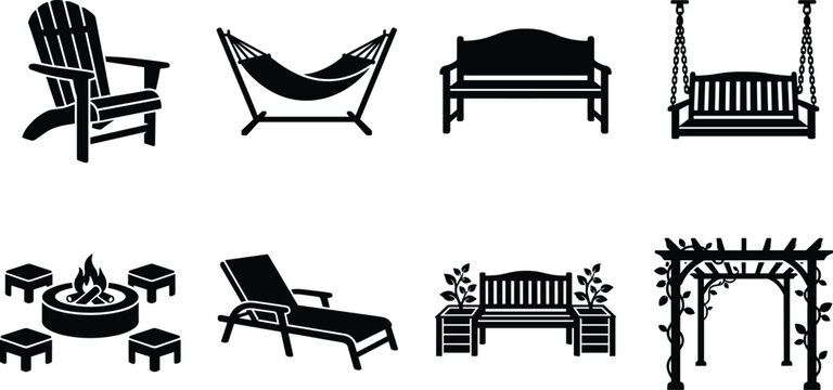Set of black garden furniture icons featuring outdoor bench hammock porch swing pergola and fire pit isolated on white