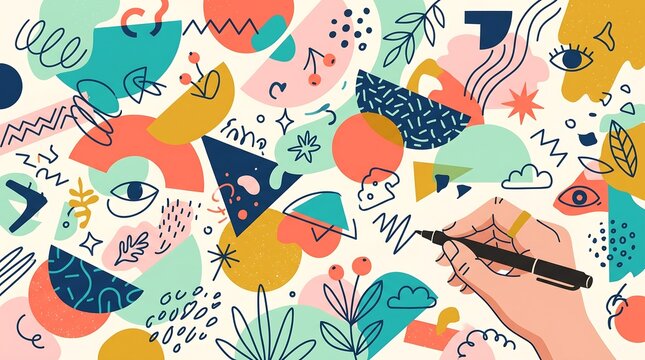 Abstract creative doodle banner with hand drawing and colorful geometric patterns
