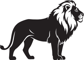 Obraz premium Black and white silhouette of a standing lion with a large mane isolated on transparent background, Vector