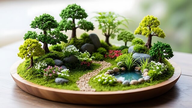 Miniature Zen Garden Landscape with Bonsai Trees and Pond.