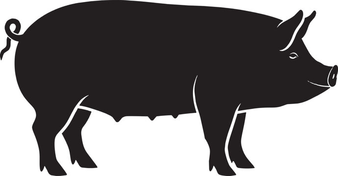 Black silhouette of a pig standing in profile isolated on transparent background, Vector