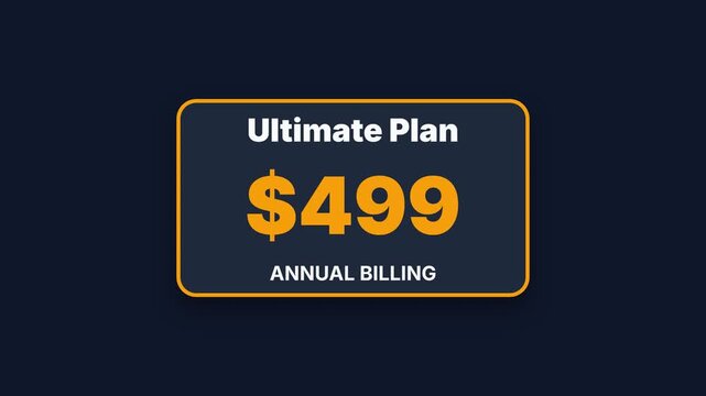 Pricing plan, Ultimate Plan $250 $499 annual billing, dark blue background, yellow accents, symbolizing financial business concepts.