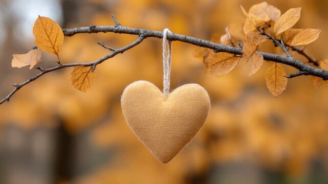 Cozy heart-shaped fabric ornament hanging on tree branch with autumn yellow leaves background in soft focus