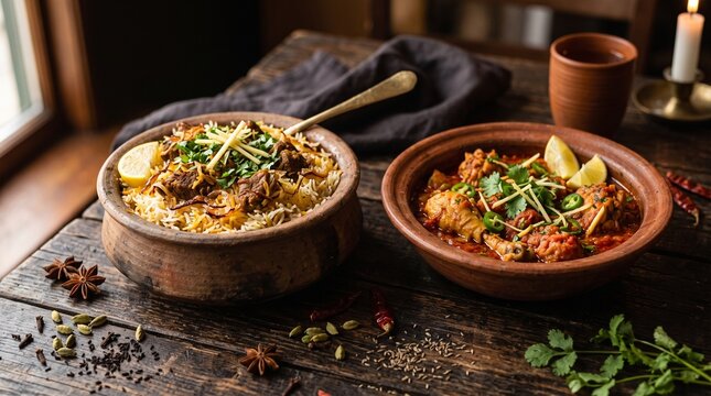 Traditional Mutton Biryani and Chicken Karahi Curry served in Clay Bowls - Authentic Pakistani Food

