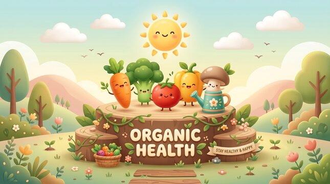 Whimsical cartoon vegetables celebrate organic health and wholesome living in a vibrant, sunny garden setting, promoting fresh produce and natural wellness