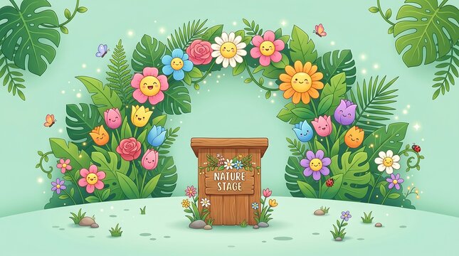 Enchanting Cartoon Spring Garden Scene with Smiling Floral Archway and Lush Green Foliage, Centered Around a Rustic Wooden Planter Box