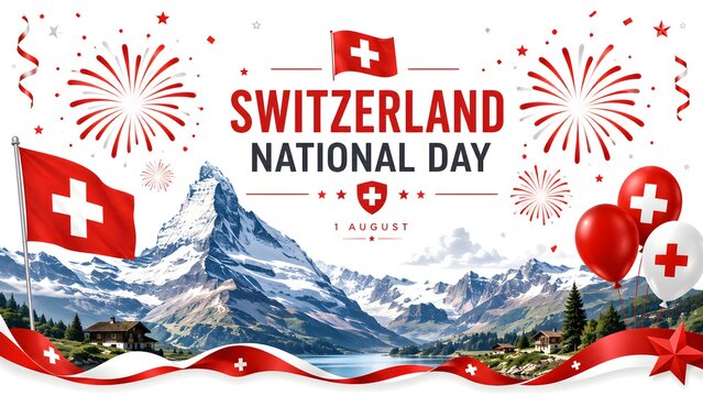 Switzerland National Day celebration vector illustration with Swiss flags fireworks balloons confetti and scenic snowy Matterhorn Alps mountain background