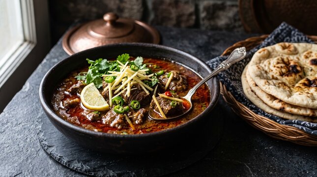 Spicy Beef Nihari Stew with Fresh Ginger and Naan Bread - Pakistani Traditional Meat Curry
