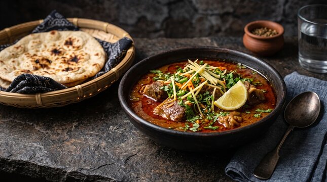 Traditional Pakistani Nihari Stew Served with Naan Bread - Authentic Indian Beef Curry
