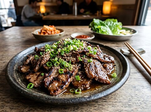 Delicious Korean BBQ Bulgogi Platter with Kimchi and Lettuce Wraps, a Savory and Flavorful Culinary Delight