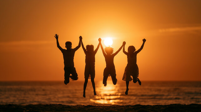 Silhouette of four friends holding hands and jumping for joy on the beach at sunset, generative AI