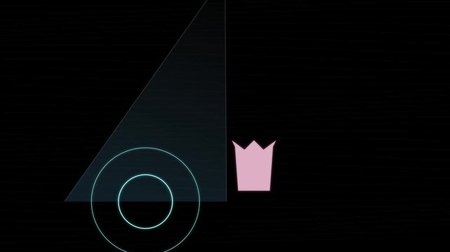 Minimalist 2D motion graphics animation with shifting geometric shapes and icons on a black background.
