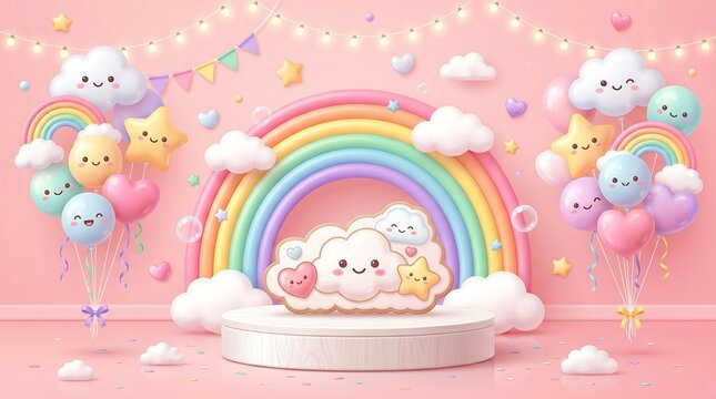 Cute 3D Pastel Pink Fantasy Background with Rainbows, Smiling Clouds, and Heart Balloons on a White Podium