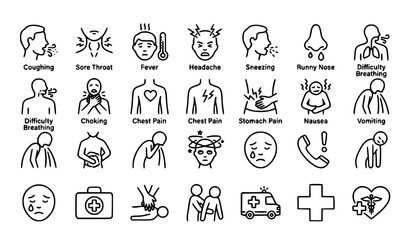 Fototapeta premium Health Symptoms and First Aid Line Icon Set Cough Sore Throat Choking Emergency Care Vector Collection