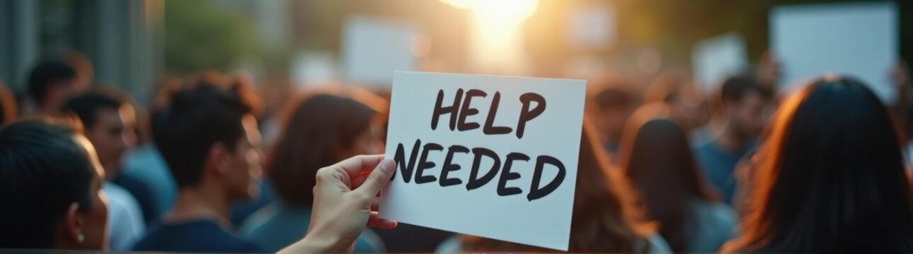 Someone holding a sign that says help needed in front of a crowd