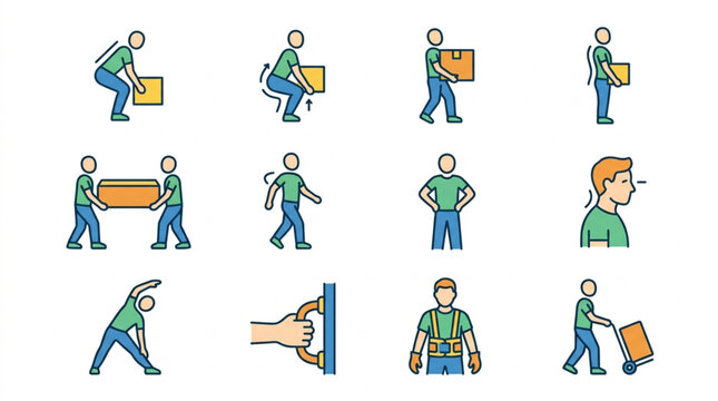 Collection of icons illustrating safe lifting and carrying techniques.