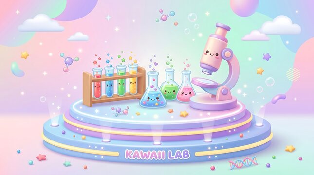 Cute pastel kawaii science laboratory illustration with cartoon microscope and test tubes