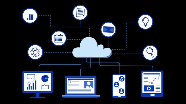 Cloud Computing and Connected Devices Animation, Animation of cloud computing with devices and icons connected to a cloud