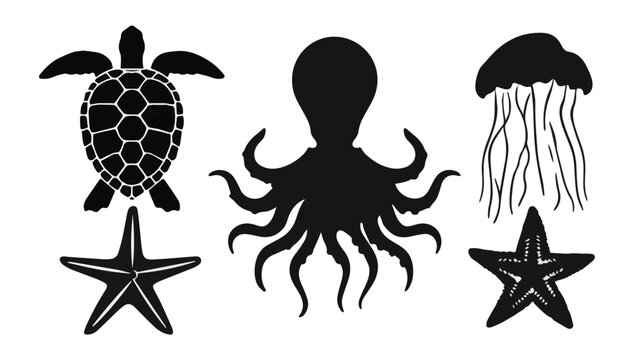 Silhouettes of Sea Turtle Octopus and Jellyfish with Starfish.