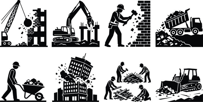 Set of building demolition icons showing workers dismantling walls wrecking ball crane excavator bulldozer and debris disposal dump truck