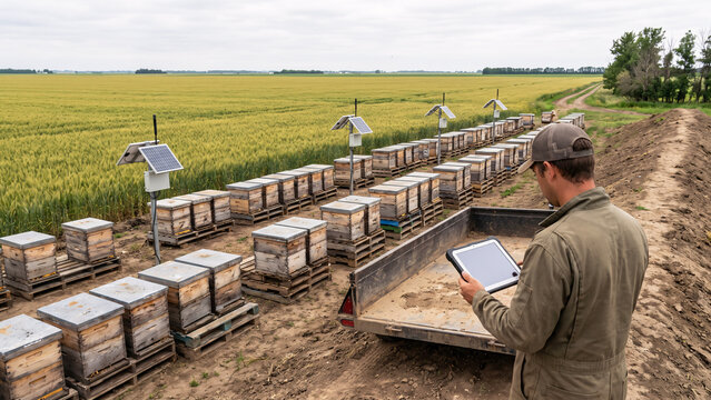 Migratory Pollination Apiary with Monitored Hives, Solar Sensor Stations and Agricultural Bee Management