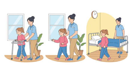 Fototapeta premium Healthcare Assistant Helping Child Walk, Recovering Patient Rehabilitation