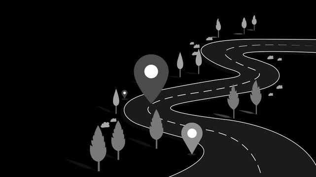 Winding Road with Location Markers Animation, Animated of a winding road with location markers and trees