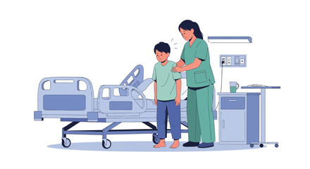 Fototapeta premium Nurse Helps Child Stand Beside Hospital Bed