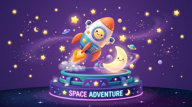 Cute Cartoon Rocket Ship Launching into Space with Smiling Moon and Stars, Space Adventure Illustration