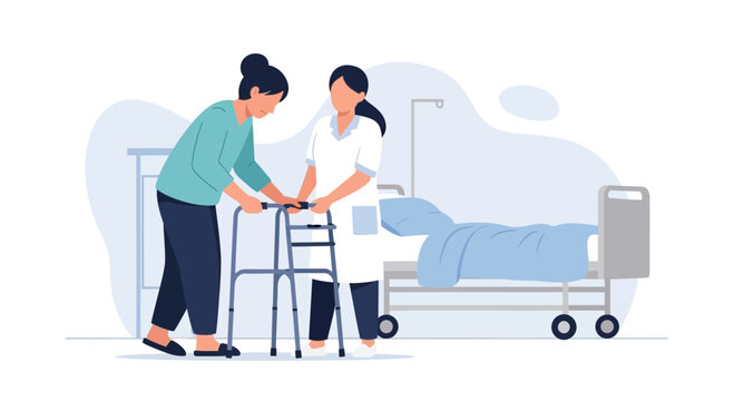 Nurse Helps Elderly Woman Walk With Walker in Hospital Room