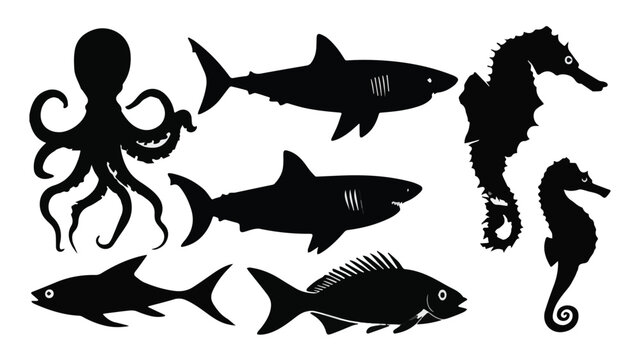 Silhouette of Various Marine and Sea Creatures Illustration.