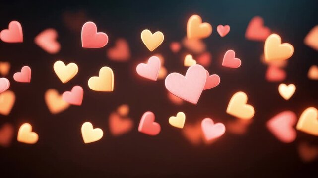 Abstract glowing heart shapes floating on dark blurred background with pink orange and red light effects romantic love concept image