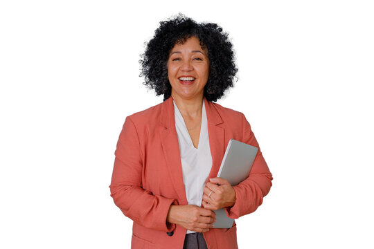 Professional mixed race woman smiling, holding a laptop, standing with confidence. Transparent background for easy compositing
