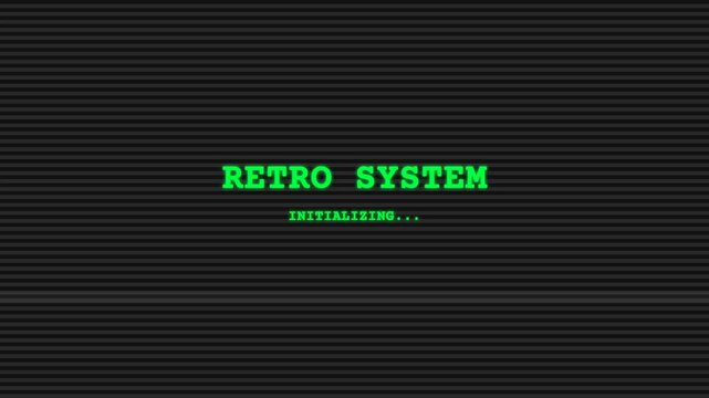Retro system interface, glowing green text on black background with horizontal lines, technology and computing concept, initializing animation, symbolizing vintage tech nostalgia.