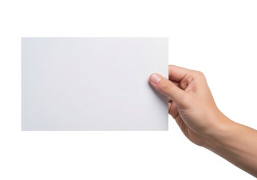 A hand holding a blank white card on a white background