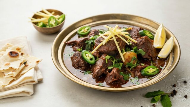 Nihari curry served in a brass bowl with naan bread and ginger garnishes provides a traditional dining experience.