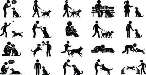 Obraz premium Dog Owner Stick Figure Icon Set with People Training Walking and Playing with Pets Vector Graphic